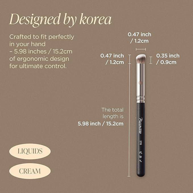 Piccasso Brush 270 Concealer Brush – Perfect for Under-Eye and Spot Coverage, Ideal for Face Makeup, Works with Cream and Liquid Concealers, Perfect Liquid Blush Brush, Genuine Korean Product.
