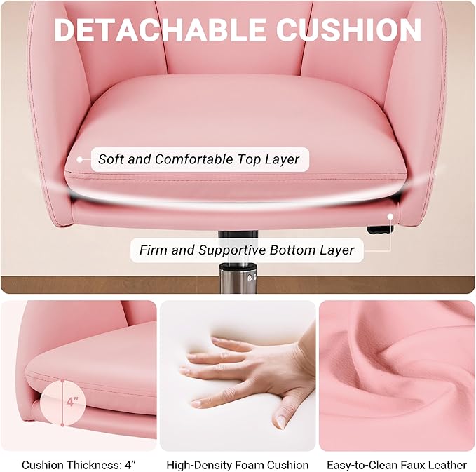 Yaheetech Cute Petal Desk Chair Home Office Chair Swivel Upholstered Leather Desk Chair Makeup Vanity Chair with Armrests for Bedroom Modern Computer Rolling Chair for Women Simple Pink