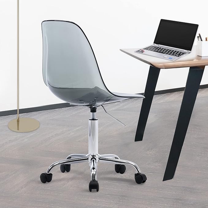 HOMEFUN Clear Desk Chair, Acrylic Rolling Armless Vanity Swivel Height Adjustable Ghost Molded Plastic Home Office Chairs with Wheels, Black
