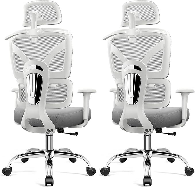 Ergonomic Office Desk Chair, High Back Mesh Office Chair with Adjustable Lumbar Support, 3D Headrest, Big and Tall Home Computer Desk Chairs Comfy for Work, Gaming, 300lbs, (Gray, 2 Pack)