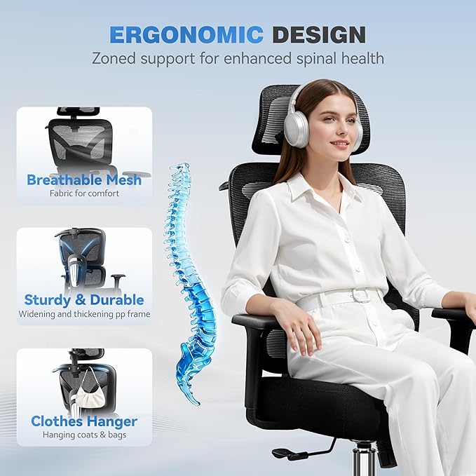 Ergonomic Office Chair, High Back Mesh Desk Chairs Comfy with Adjustable Lumbar Support, Home Computer Gaming Chair with 3D Headrest for Long Hours, 6 Pack