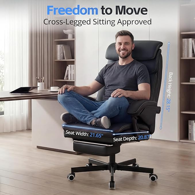 Ergonomic Executive Office Chair - Big and Tall Home Comfy Desk Gaming Chair for Adults, Heavy Duty Leather Reclining Wide Computer Chair with Foot Rest and Back Support (Black)