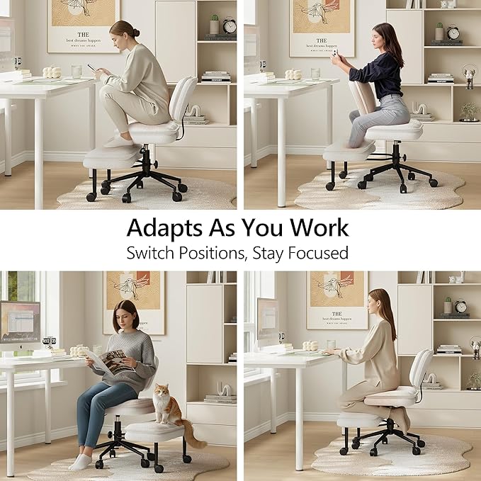 AODAILIHB Ergonomic Cross Legged Office Chair with Pull-Out Stool, 360° Swivel Teddy Fabric Meditation Chair with Wheels, Height Adjustable Kneeling Chair with Lumbar Support for Home Office, White