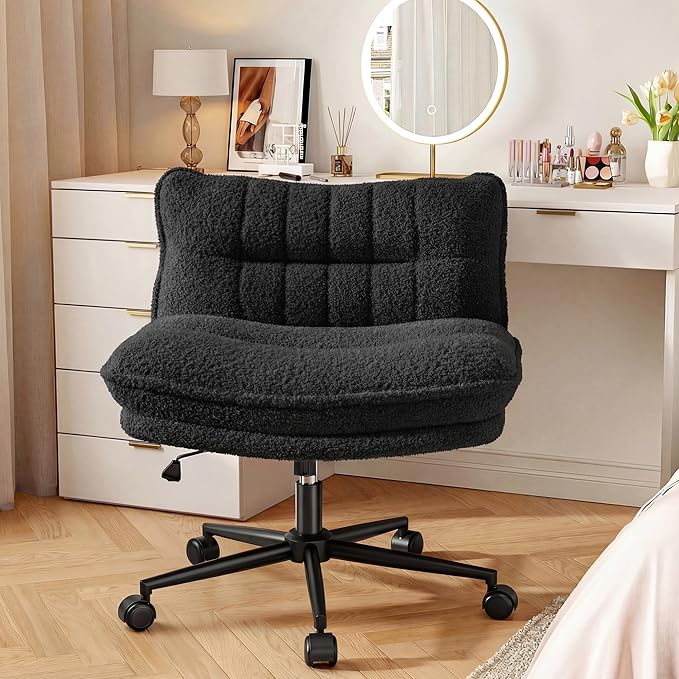 Criss Cross Chair with Wheels, 7" Extra Thick Cross Legged Office Chair, Height Adjustable Swivel Design for Home Office, Study & Vanity,Black