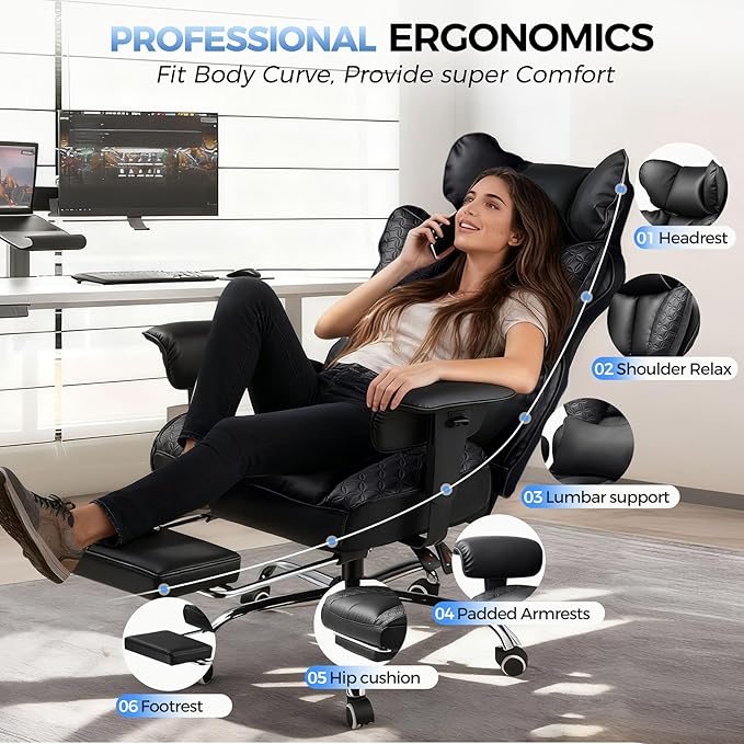 COMHOMA Big and Tall Office Chair Heavy Duty Gaming Chair with Deluxe Embossing Leather High Back Wider Ergonomic Computer Chair with Foot Rest 150°Reclining Pocket Spring Lumbar Support