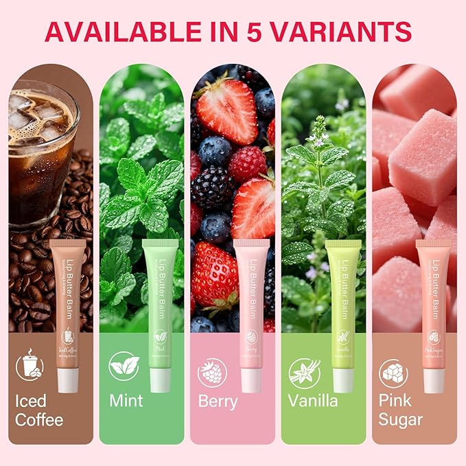 Glossy Lip Balm & Lip Gloss Set– Hydrating Lip Butter Balms For Smooth, Soft Lips – Nourishing, Long-Lasting Moisture – Vanilla, Coffee, Mint, Berry & Pink Sugar,Women's Day Gifts For Women