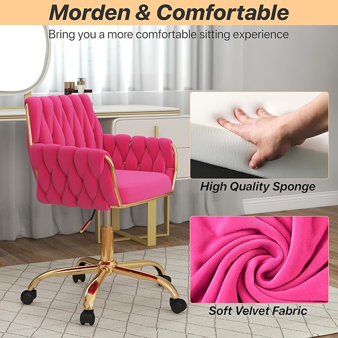Velvet Home Office Chair, Modern Height-Adjustable Vanity Chair with Golden Base and Hand-Woven Backrest for Bedroom/Study/Vanity (Hot Pink)