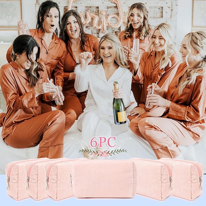 SOIDRAM 6PCS Bridesmaid Proposal Gifts Corduroy Pink makeup bag bulk for Wedding Party Favors Bachelorette party decorations Toiletry Organizer Bag Cosmetic Case Gift