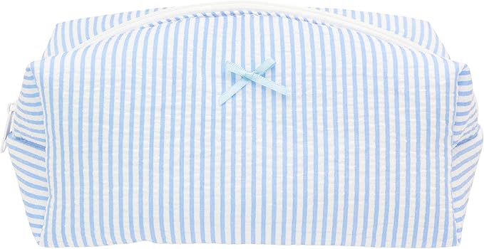 PAZIMIIK Cozy Makeup Bag Travel Cosmetic Bag for Women Soft Toiletry Bag Aesthetic Makeup Organizer Portable Large Zipper Pouch for Skincare Beauty Accessories Brushes Stripe Blue