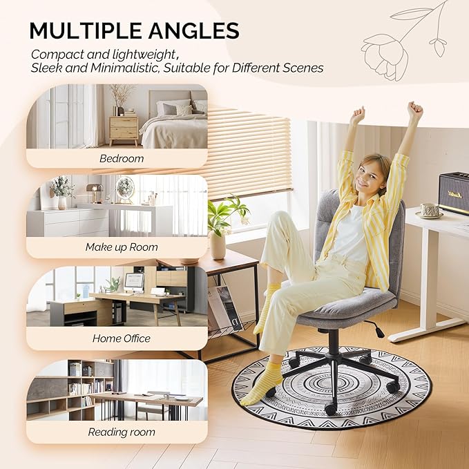 VINGLI Mid Back Armless Office Desk Chair with Wheels/no Wheels,360°Rocking Swivel Vanity Chair with Thickened Cushion,Adjustable Height Rolling for Reading Room, Make up, Linen Dark Grey