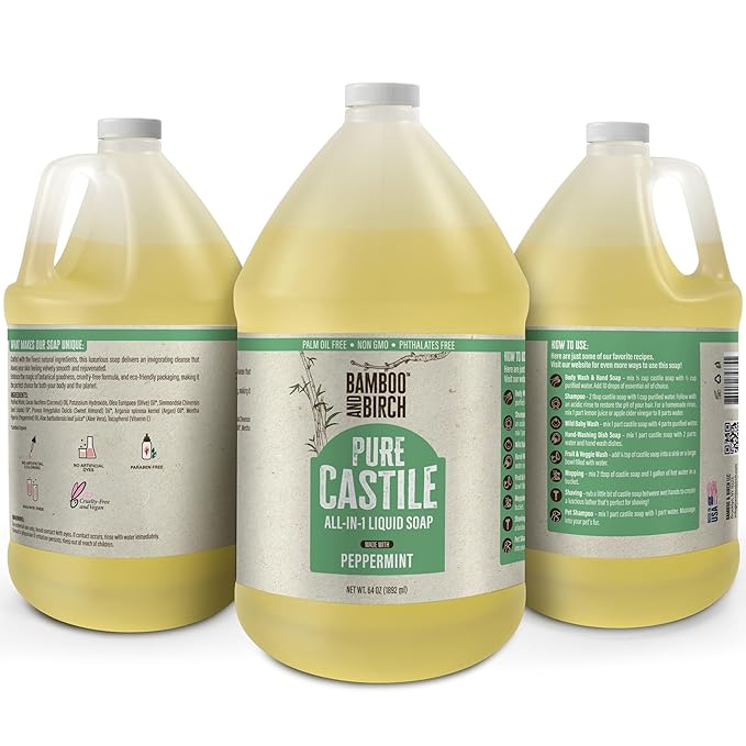 BAMBOO AND BIRCH Pure Castile Soap Liquid, Certified Palm Oil Free Natural Soap, Peppermint, 64 oz