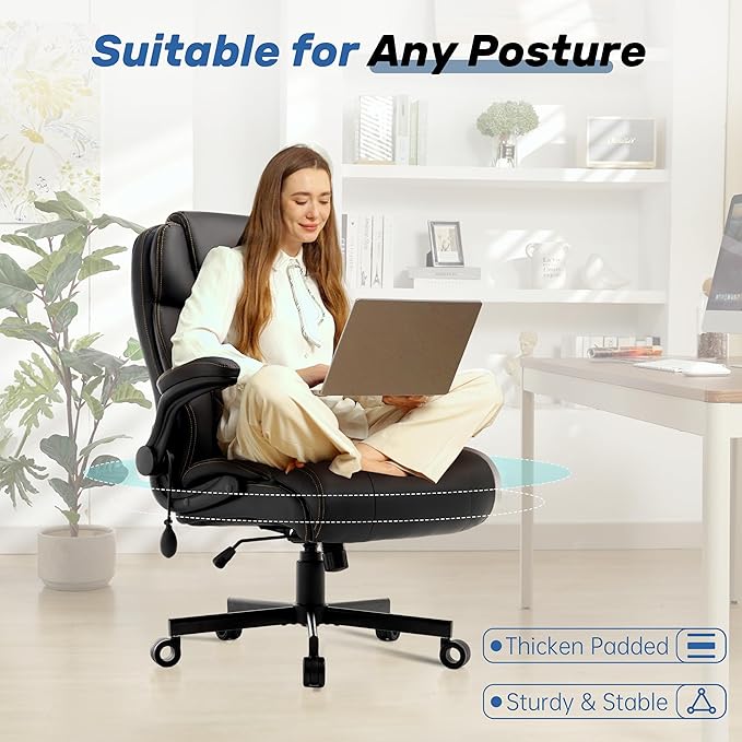 550LBS Big and Tall Office Chair, Comfy Heavy Duty Executive Chair with Adjustable Lumbar Support Double Spaces Casters, PU Leather Extra Wide Seat Ergonomic Computer Desk Chair for Back Pain, Black