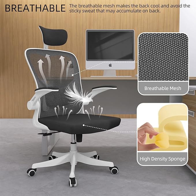 Monhey Office Chair, Ergonomic Office Chair with Lumbar Support & 3D Headrest & Flip Up Arms Home Office Desk Chairs Rockable Computer Chair Multi-Angle from 90° to 130° with 350LBS CapacityChair
