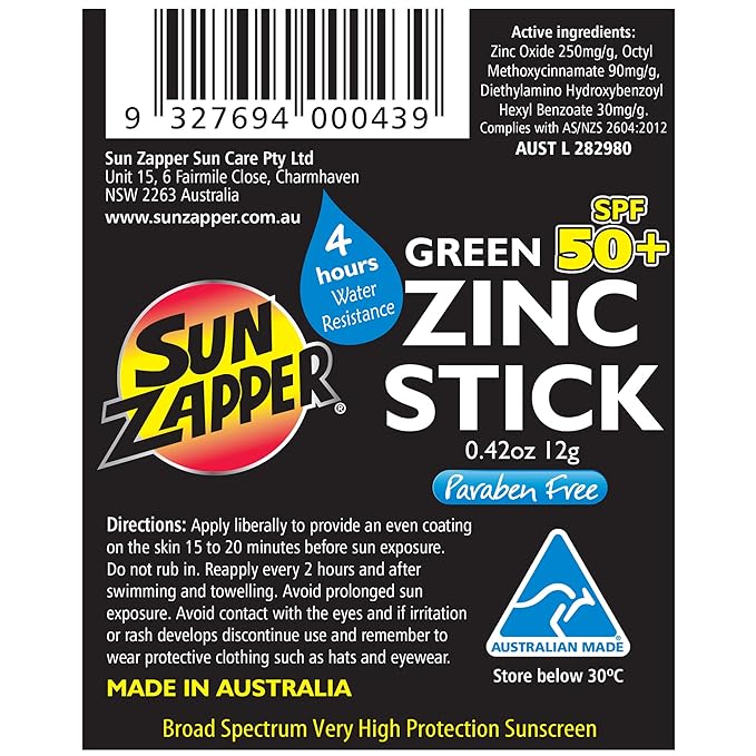 Sun Zapper Zinc Stick Mineral Sunscreen Green SPF 50+ Water Resistant for Face & Body, Adults, Kids, 4-Pack Broad Spectrum Sun Block, Made in Australia