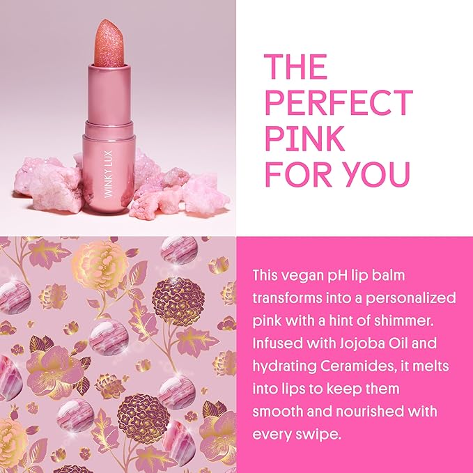 Winky Lux Pink Opal Glimmer Balm – Nourishing pH Lip Balm with Color Changing Pink Tint with Shimmer, Hydrating Ceramides Soften Lips, Raspberry Vanilla Scent
