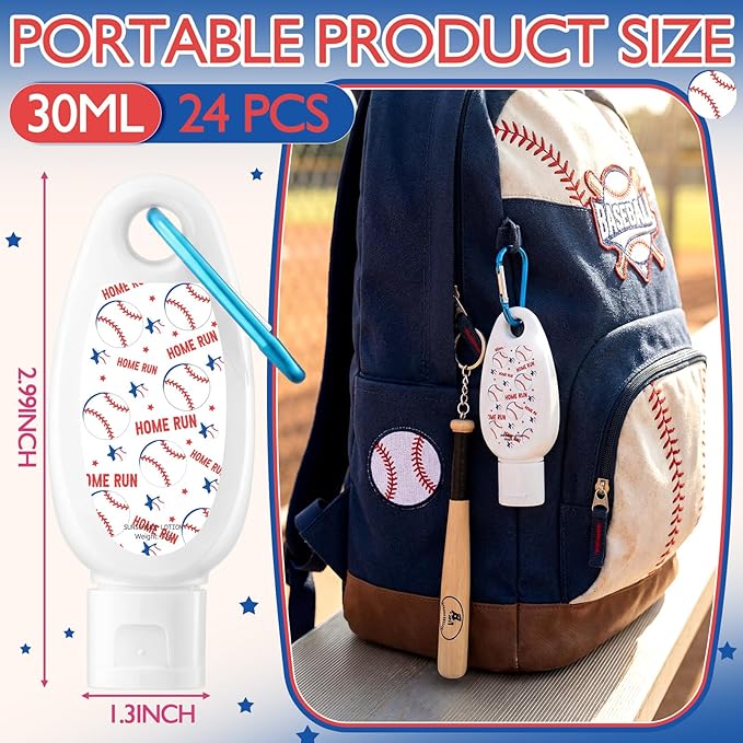 Leelosp 24 Pcs Baseball Team Gift Bulk Mini Sunscreen Travel Size 1oz Sport Party Favor Sunscreen Keychain with Clip Spf 30 Fragrance Free Broad Spectrum Baseball Accessories for Girl