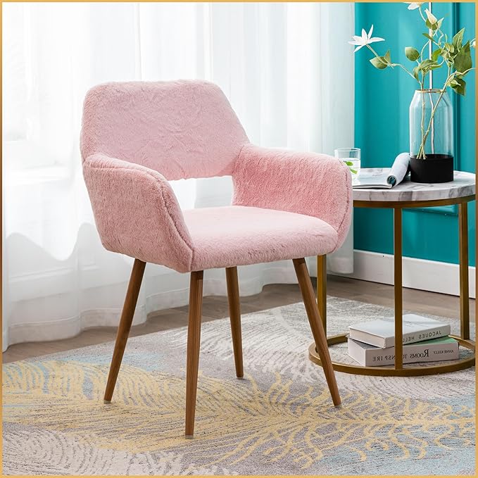 Furry Desk Chair, Modern Home Office Chair Without Wheels, Faux Fur Vanity Chair with Hollow Backrest, Comfy Armchair Wood Frame with Strudy Metal Legs, Pink