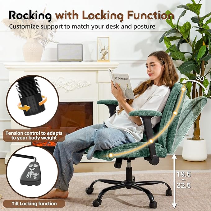Criss Cross Chair with Wheels & Flip Arms, Wide Cross Legged Office Chair with Adjustable Tilt Criss-Cross Desk Chair with Lumbar Support for Home Office, Bedroom, Apartment Green