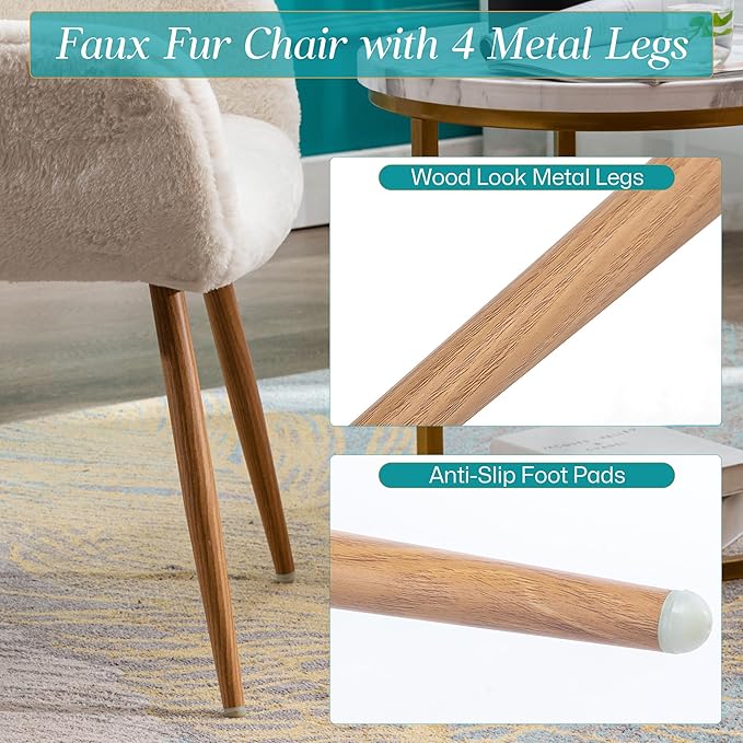 Home Office Faux Fur Desk Chair, Fluffy Makeup Vanity Chair, Comfy Accent Armchair with Wood Grain Metal Legs, Cute Dining Chair with Hollowed Back, White