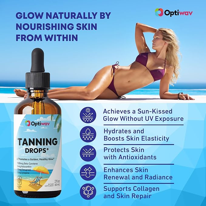 Sunless Tanning Drops to Drink - Drinkable Self Tan for Glow & Natural Radiant Skin Tone - Drinking Melanin Oral Liquid Tanner for Face Body Suitable for All Skin Types - Vegan Sugar Free