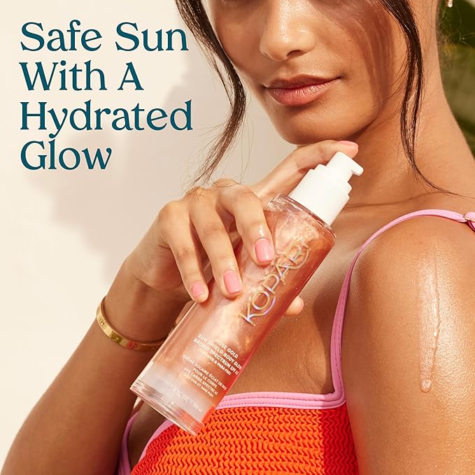 Kopari Sun Shield Body Glow, Broad Spectrum SPF 45, Lightweight Shimmering Gel Texture Absorbs Quickly, Non Sticky, Glowing Results, Rose Gold 5 oz