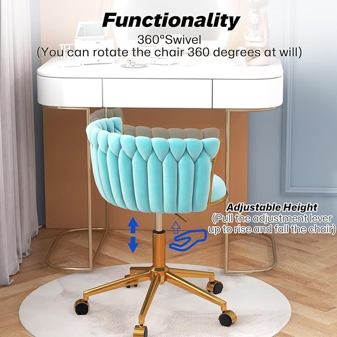 Velvet Woven Home Office Chair, Modern Swivel Desk Chair with Wheels, Height Adjustable Vanity Chair with Gold Metal Base and Hand Weaving Back for Bedroom Study Small Space, Cyan