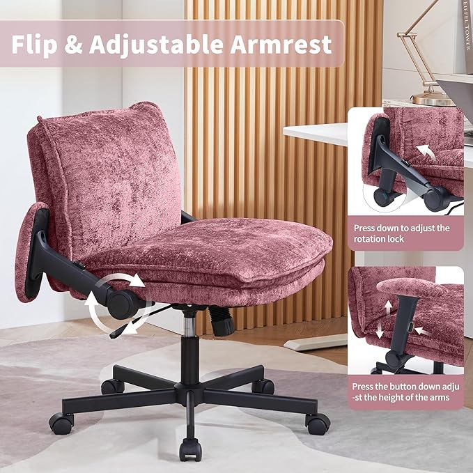 Cross Legged Office Chair, Height Adjustable Swivel Desk Chair with Flip-Up Arms, Padded Criss Cross Chair for Home Office & Bedroom
