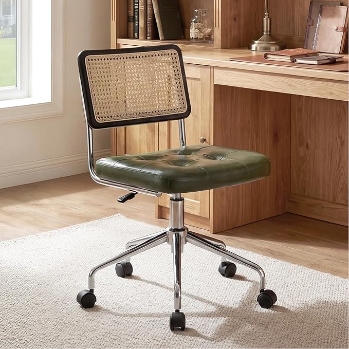 Zesthouse Mid Century Home Office Chair, Armless Desk Chair with Rattan Back, Adjustable Height Task Chair Vanity Chair for Girls Women, Upholstered Swivel Chair, Green Faux Leather