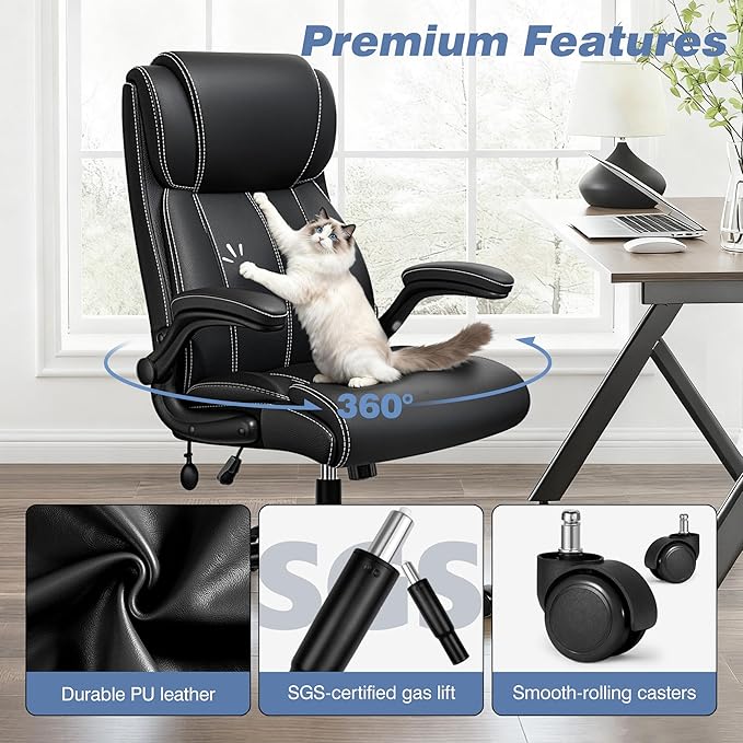 Ergonomic Office Chair - Desk Computer Chair, Leather High Back Executive Chairs with Adjustable Lumbar Support & Flip Up Arms, Black 6 Pack