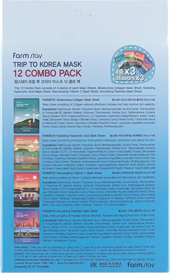 FARMSTAY Trip To Korea Facial Mask Sheet 12 Combo Pack Korean Skincare Mask Combo, Hypoallergenic,Moisturizing,Nourishing,Vitalizing, Refreshing0.77 fl.oz.*12 ea