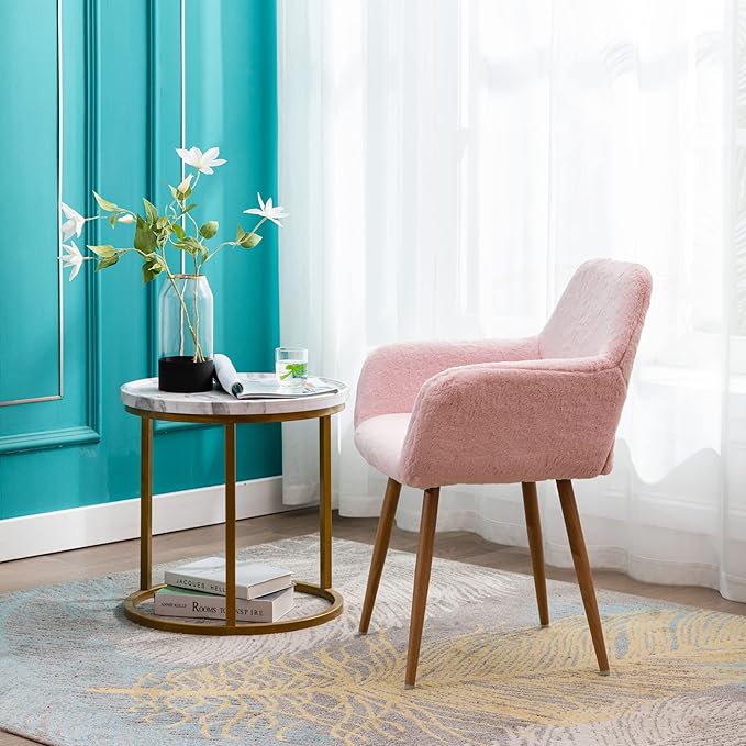 KCC Furry Desk Chair, Mid-Century Modern Accent Faux Fur Chair for Teen Girls, Comfy Armchair with Wood Look Metal Legs for Living Dining Room, Home Vanity Makeup Office Desk Chairs No Wheel, Pink