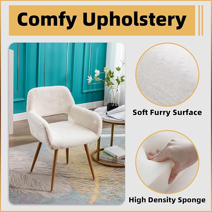 Furry Desk Chair Set of 4, Modern Home Office Chair Without Wheels, Faux Fur Vanity Chair with Hollow Backrest, Comfy Armchair Wood Frame with Strudy Metal Legs, White