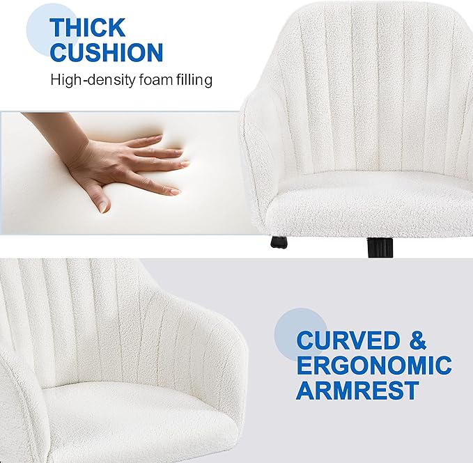 Yaheetech Boucle Desk Vanity Chair with Back Comfy Office Rolling Chair with Wheels Ergonomic Height Adjustable Swivel Modern Accent Armchair for Bedroom Ivory