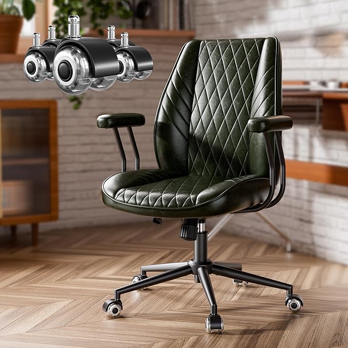 Green Leather Office Desk Chair with Quiet Rubber Wheels, Height Adjustable, Padded Arms, Vintage Mid Century Office Chair, Retro Style Desk Chair