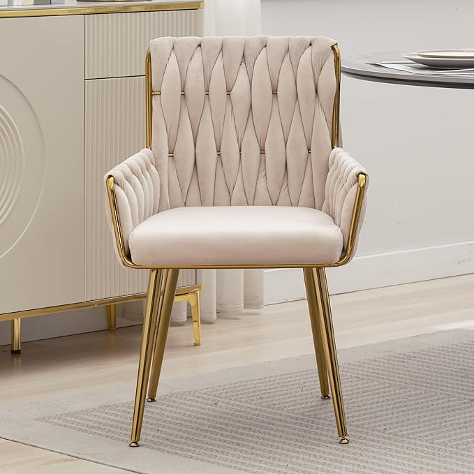 ABET Office Desk Chair No Wheels, Woven Velvet Vanity Chair with Back & Armrest, Comfy Upholstered Cute Gold Metal Legs Makeup Aesthetic Armchair for Girls & Women Bedroom, Nail Spa, Beige
