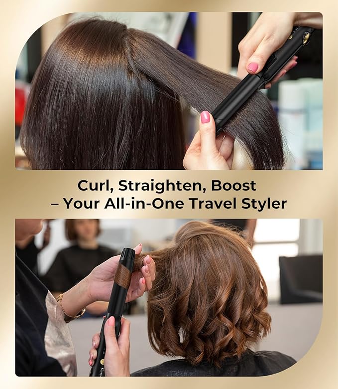 Farery Curling Iron 1 Inch & Flat Iron, 2-in-1 Europe Compact Travel Size Curling Wand, Dual Voltage Mini Hair Straightener with 4 Adjustable Temp for Short Hair