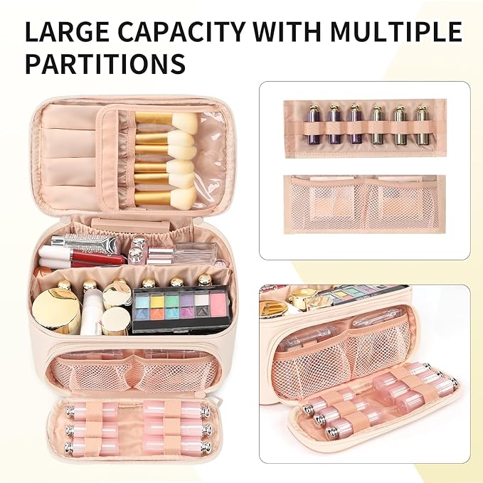 OCHEAL Makeup Bag, Multifunctional Large Compact Organizer Cosmetics Toiletry Brushes Storage Case for Women Girls with Handle Divider - Beige
