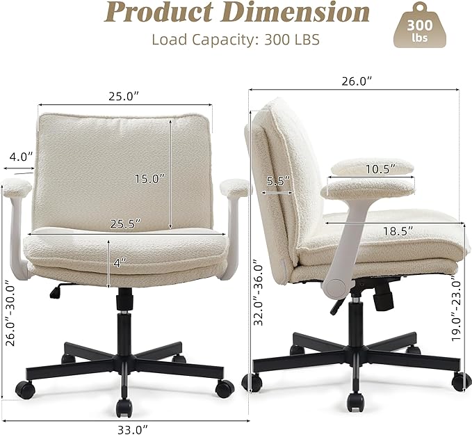Criss Cross Legged Office Chair with Wheels and Flip-Up Arms, Upholstered Criss Cross Desk Chair, Wide Seat Chairs for Home Office, Vanity, Apartment, Beige