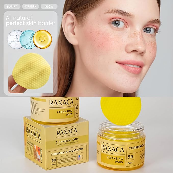Kojic Acid Turmeric Exfoliating Cleansing Pads with Vitamin C in Cotton Pads, Dark Spots Remover & Deep Clean Pores for Face - 50 Pcs.