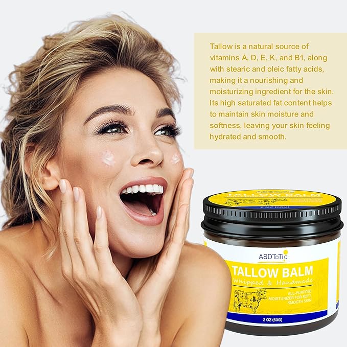 Handmade Grass Fed Beef Tallow Balm for Face and Skin- All Natural Moisturizer with Sweet Almond Oil, Non-Toxic Cream for Dry & Sensitive Skin, 2 oz