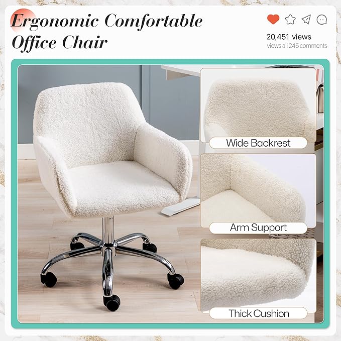 Faux Fur 360°Swivel Desk Chair, Height Adjustable Home Office Armchair with Slivery Base for Teens Women Girls, Upholstery Computer Chair for Home Studios, Sherpa & White