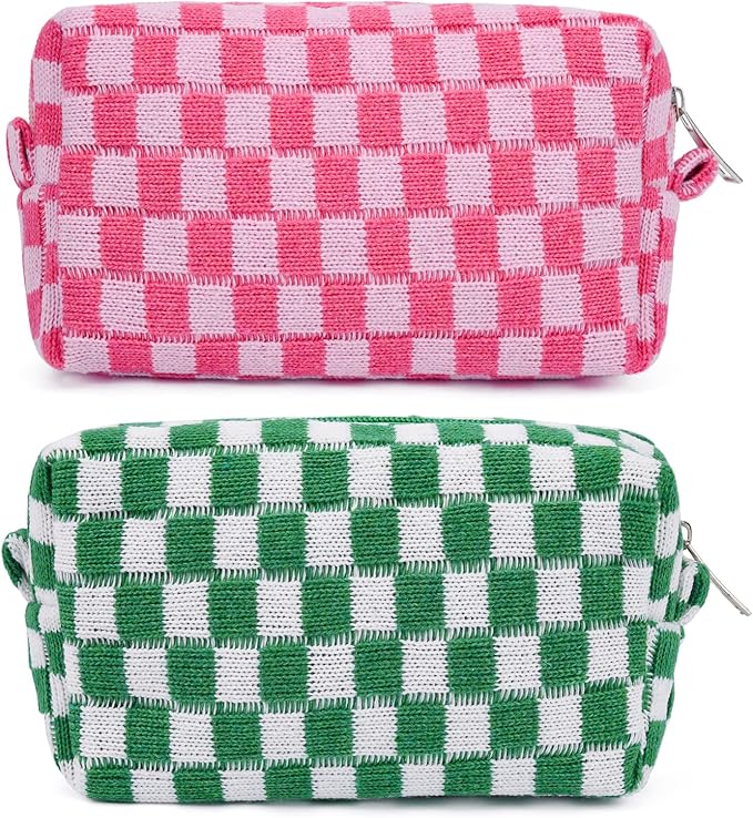 SOIDRAM 2 Pieces Makeup Bag Pouch Checkered Cosmetic Bag Pink Green, Travel Toiletry Bag Organizer Cute Makeup Brushes Storage Bag for Women