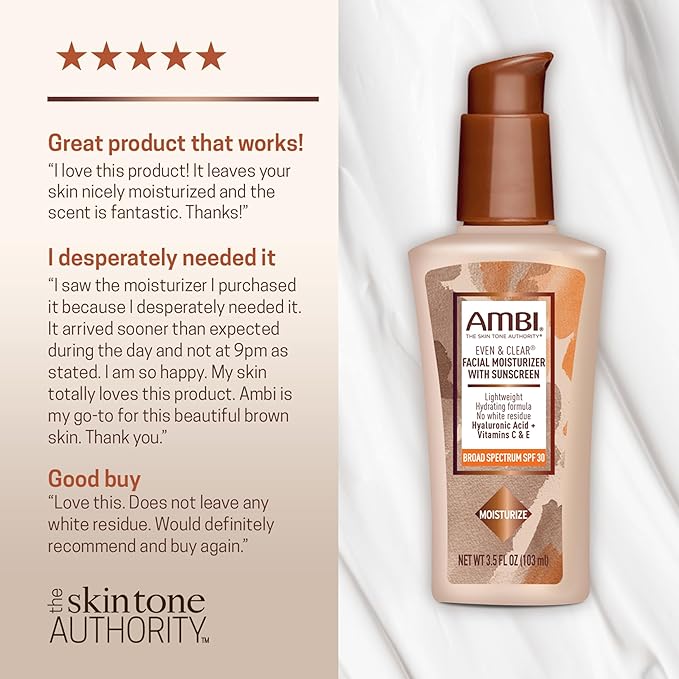 AMBI Even & Clear Facial Moisturizer SPF 30, Daily Face Lotion for Uneven Skin Tone, Hyaluronic Acid, Vitamins C & E, Lightweight Sunscreen, No White Cast, For All Skin Types, 3.5 Fl Oz