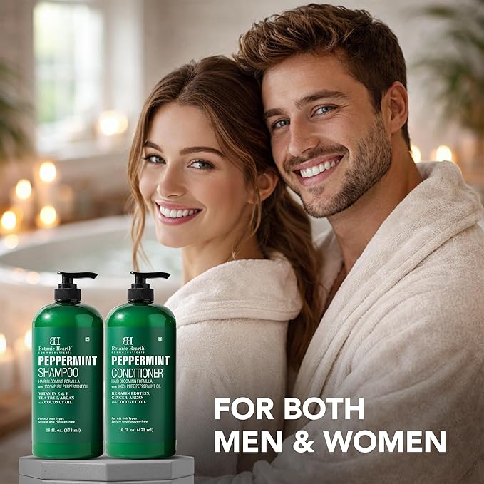 Botanic Hearth Peppermint Oil Shampoo And Conditioner Set | Hair Blooming Formula With Keratin | Fights Hair Loss | Sulfate Free For Men And Women | 16 Fl Oz X 2