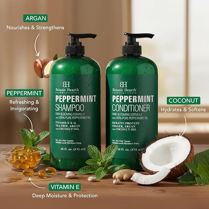 Botanic Hearth Peppermint Oil Shampoo And Conditioner Set | Hair Blooming Formula With Keratin | Fights Hair Loss | Sulfate Free For Men And Women | 16 Fl Oz X 2