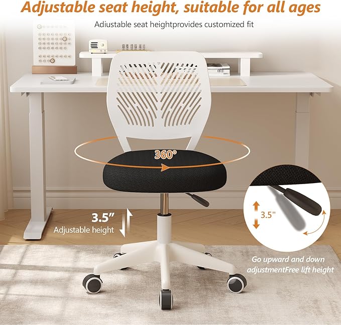 Small Desk Chair Armless Task Chair with Soft Padded Cushion Height Adjustable Swivel Rolling Comfortable Study Computer Chair for Kids Girls Boys Teens