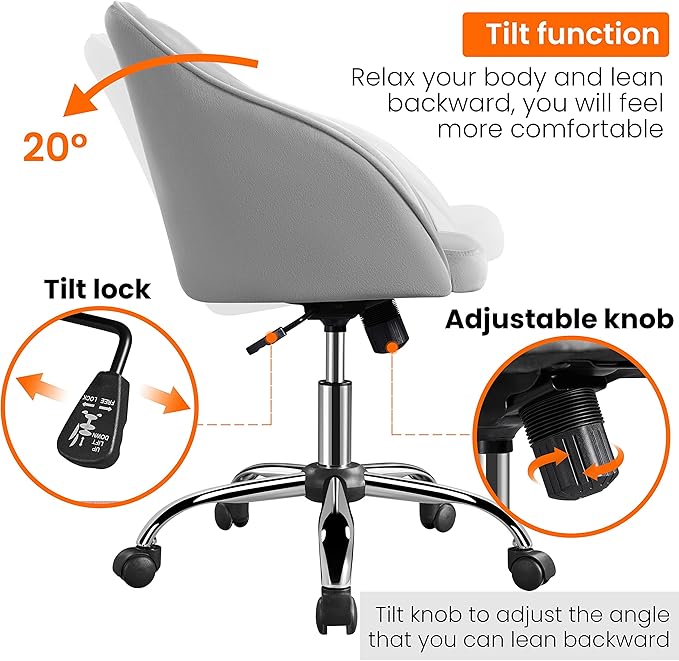 Yaheetech Velvet Desk Vanity Chair with Wheels Back Cute Small Swivel Comfy Computer Chair with Adjustable Height Tilt Angle Upholstered Accent Armchair for Bedroom Light Gray