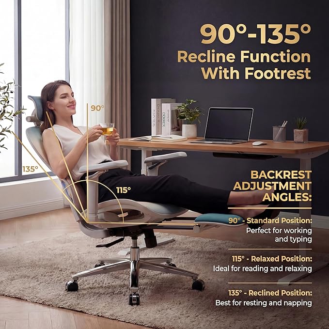 Ergonomic Office Chair with Footrest & Massage Lumbar Support – Adjustable Seat Depth & Back Height Reclining Big and Tall 400LBS Mesh Chair, 4D Headrest & 6D Armrests, for Home Office(Gray Rainbow)