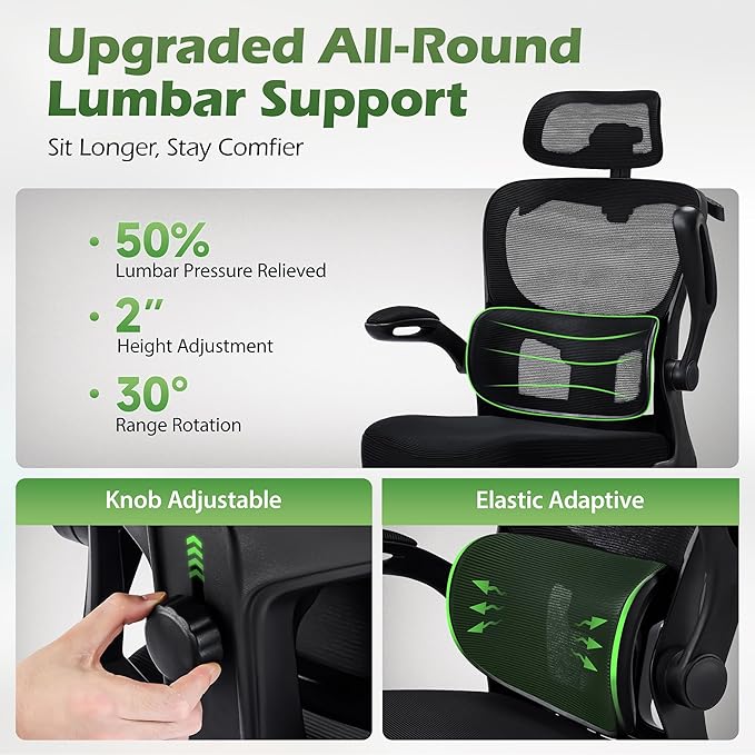 AreShark Office Chair Ergonomic Desk Chairs with Adjustable Lumbar Support& Headrest Hanger, High Back Breathable Mesh Chair with Wheels, Rolling Swivel Comfy Task Computer Chair for Home Work Gaming
