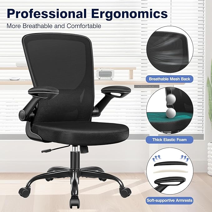 Ergonomic Office Chair, Mesh Computer Chairs with Lumbar Support, Swivel Desk Chair with Flip-up Arms and Adjustable Height, Black Pack of 2